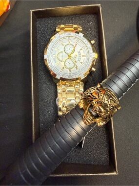 Gold-Tone Stainless Steel Chronograph Watch and Gold Lion Ring Accent